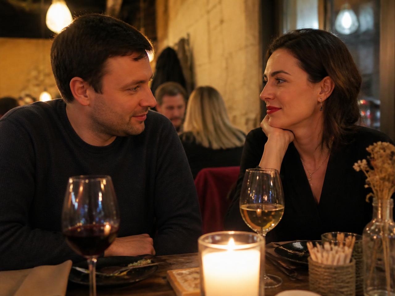 Couple at an elegant candlelit dinner