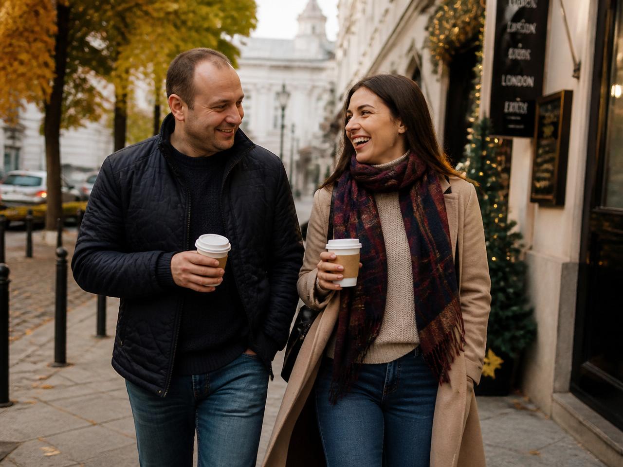 Couple walking together with coffee in a European city